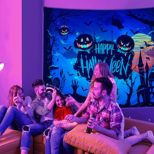 Halloween Blacklight Wall Tapestry Haunted Woods with Grave and Pumpkins, UV Reactive Wall Blanket