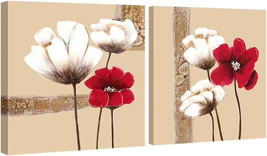 Red & White Flowers Canvas Abstract Oil Paintings 2 Piece Modern Stretched & Framed 12x12in