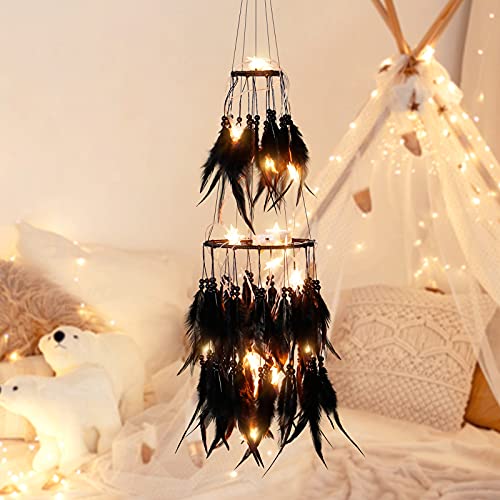 Double Circle Feather Dream Catcher w/ Mobile LED Fairy Lights Wall Ornaments