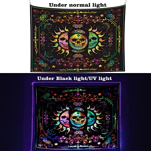 Psychedelic Blacklight Trippy Sun and Moon Stars UV Reactive Skull Tapestry 60x51 inch