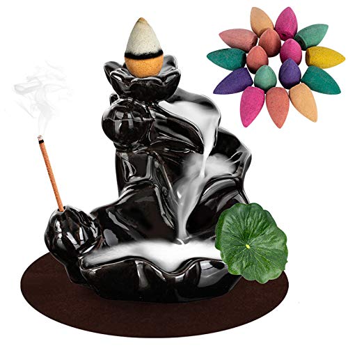 Ceramic Backflow Incense Burner Holder Lotus Waterfall & Incense