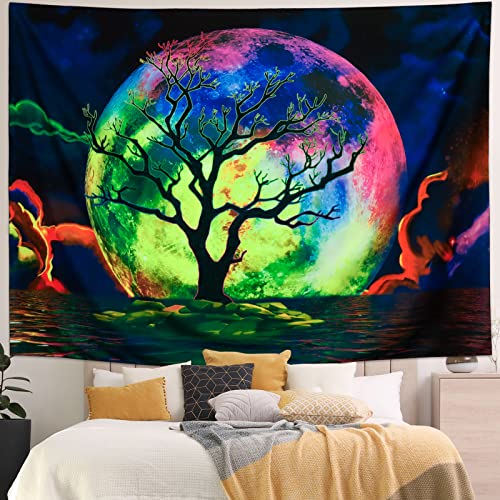 Blacklight Moon Trippy Galaxy Clouds Tree UV Ocean Sea Colorful Starry Sky Tapestry