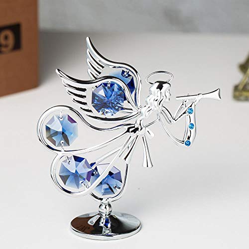 Guardian Angel Figurine Crystal Studded Ornament (Flying Angel, Chrome/Silver)