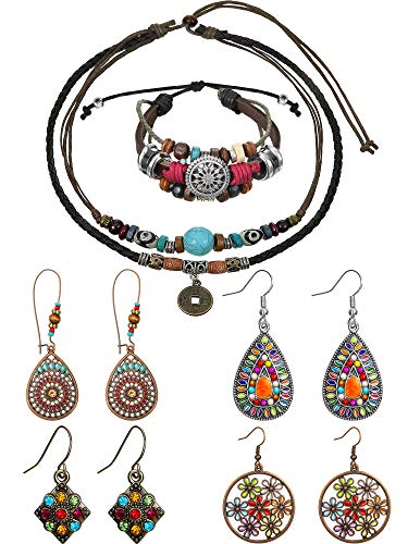 Adjustable Necklace Handmade Woven Bracelet w/ 4 Pairs Bohemian Earrings Set for Women