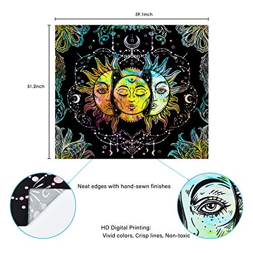 Psychedelic Sun and Moon Burning Sun Black Colorful Moon and Stars Tapestry ( 51.2 × 59.1 inches)