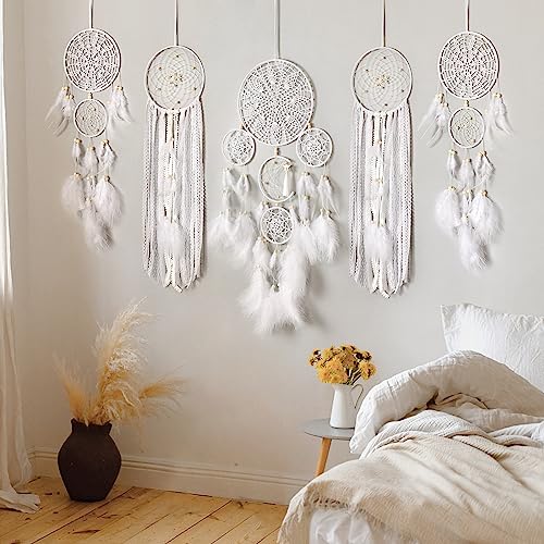 5 Pack Dream Catcher Moon and Sun Design Boho Wall Hanging Decor Handmade Traditional Feathers