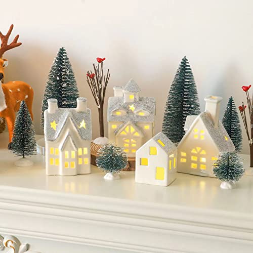 4 Pcs Ceramic Christmas Village Houses w/ 8 Pcs Christmas Trees