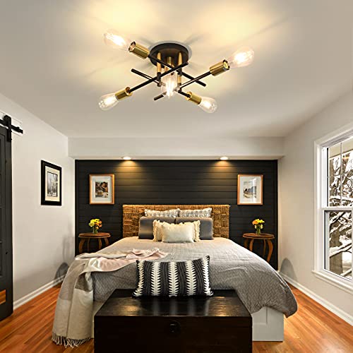 5 Light Semi Flush Mount Ceiling Light Fixture Matte w/ E26 Base Modern Black and Gold Chandelier