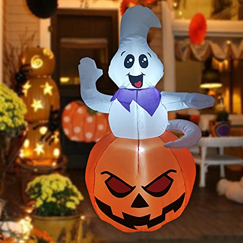 5 FT Halloween Inflatable Decoration Ghost Sitting on The Pumpkin w/ LEDs