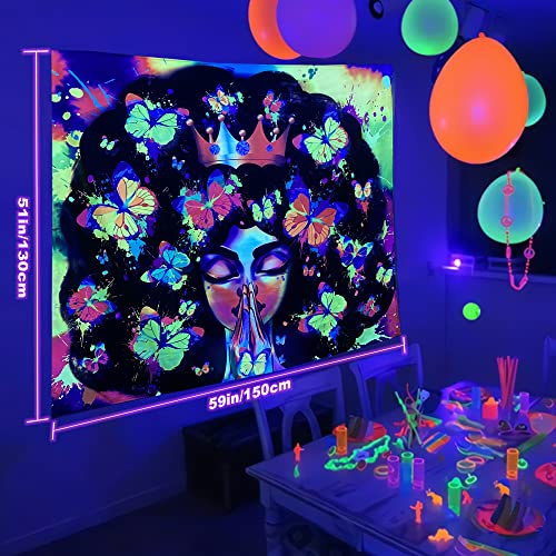 UV Reactive Butterfly Beautiful Afro Black Woman Tapestry 59"X51"