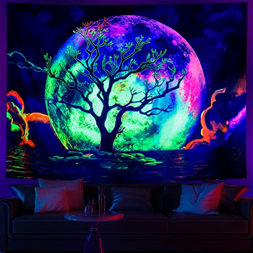 Blacklight Moon Trippy Galaxy Clouds Tree UV Ocean Sea Colorful Starry Sky Tapestry