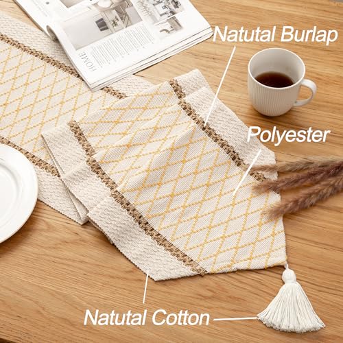 Table Runner, Boho Style with Tassels, Cotton & Linen, Farmhouse Home Decor for Living Room Dresser Scarfs