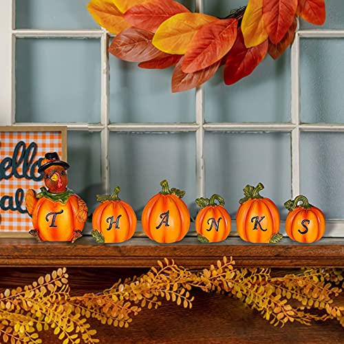 Set of 6 Tabletop Hand-Painted Resin Pumpkin Figurines Thanksgiving Decorations with Engraved Thanks