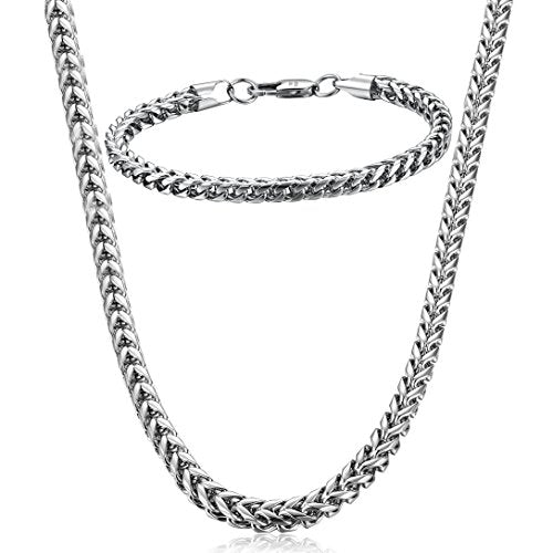 Stainless Steel Wheat Chain Necklace for Men Women Set 5mm in Width, 22" 8.5"