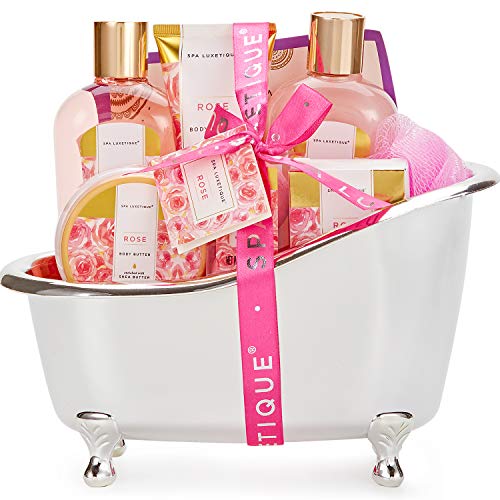 Spa Baskets for Women, 8 pcs Rose Bath Gift Set Includes Bath Bombs, Bath Salts, Bubble Bath