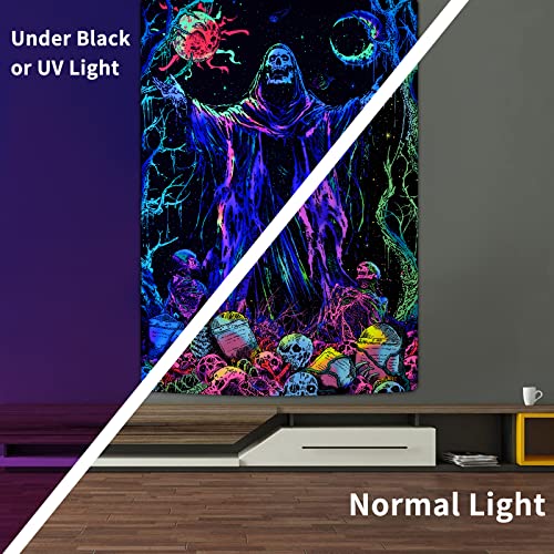 Blacklight Skull Tapestry UV Reactive Sun Moon Tapestries Gothic Wizard Skeleton Tapestry Colorful Witchy