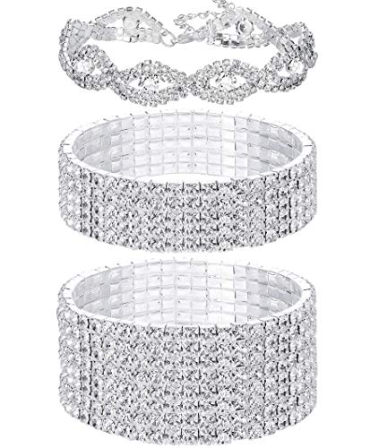 3 PCS Rhinestone Stretch Bracelets for Women-Silver