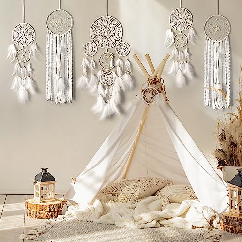 5 Pack Dream Catcher Moon and Sun Design Boho Wall Hanging Decor Handmade Traditional Feathers