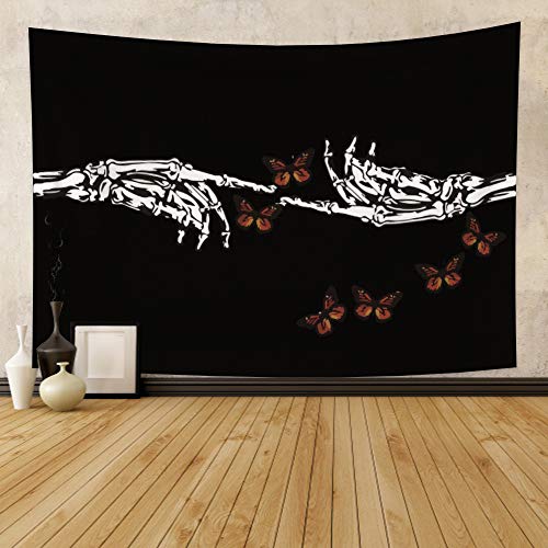 Skeleton Tapestry Butterfly Wall Hanging Black and White Finger Bones Sign Hand Trippy