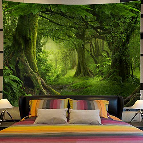 Virgin Forest Green Tree in Misty Forest Tapestry Wall Decoration