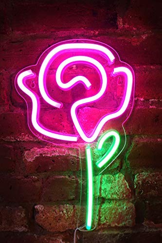 15" x 9" inch LED Neon Pink Rose Flower w/ Green Stem Wall Sign Decoration