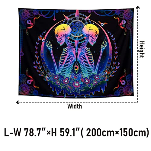 Blacklight Tapestry UV Reactive Skelton Wall Psychedelic Celestial Colorful Flower