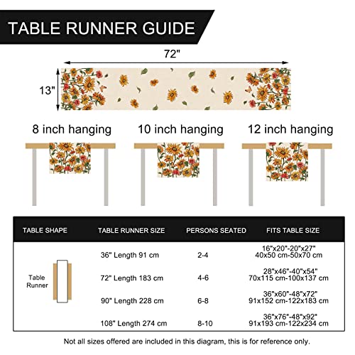 Fall Sunflower Table Runner, Autumn Floral Flower Butterfly Farmhouse Kitchen Dining Table Decor,