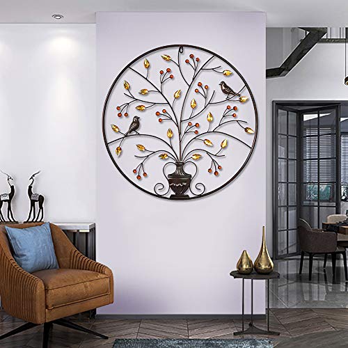 Iron Wall Sculptures - Metal Round Wall Decoration w/ Tree & Bird-Brown