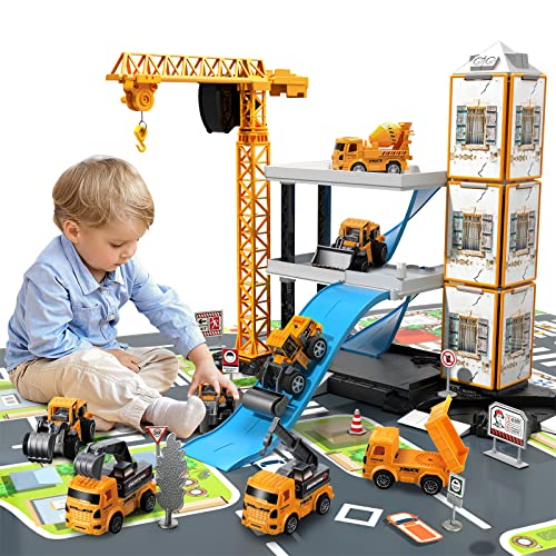 60PCS Kids Engineering Trucks Vehicle w/ Tractor, Crane, Dump, Excavator & Map