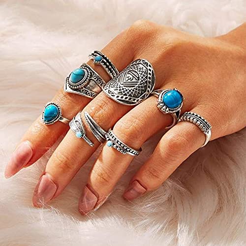 82 Pcs Vintage Silver Knuckle Bohemian Stackable Stone Crystal Rings Set for Women