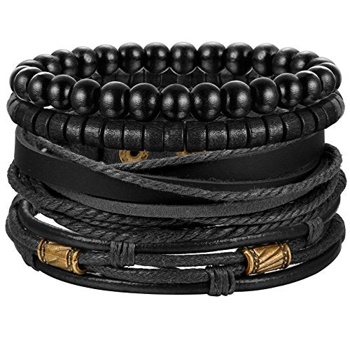 4Pcs Braided Leather Bracelet Cuff Bead Bracelet Set -Unisex