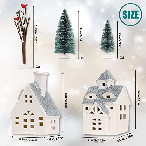 4 Pcs Ceramic Christmas Village Houses w/ 8 Pcs Christmas Trees