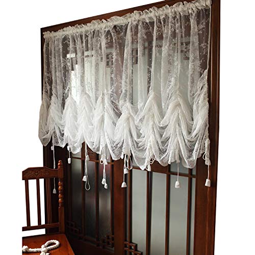 Lace Balloon Curtain White Adjustable Tie-Up Curtain Shade, Embroidered Semi Sheer 1 Panel