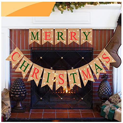 Burlap Merry Christmas Banner w/ Snowflakes Decoration