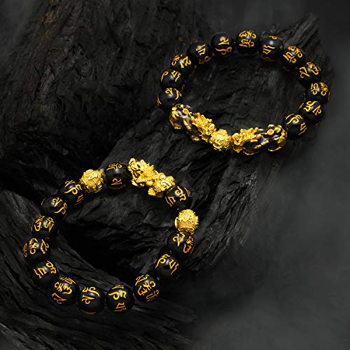 2 Pieces 12 mm Feng Shui Bead Bracelet with Hand Carved Black Amulet