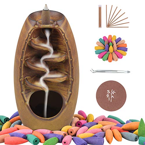 Ceramic Backflow Incense Holder Waterfall Incense Burner Bundle includes 120 Backflow Incense Cones + 30 Incense Sticks, Aromatherapy Home Decor