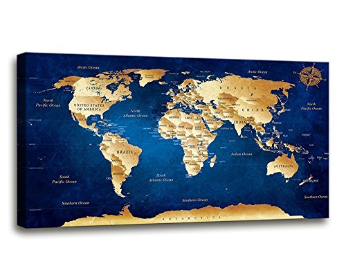 Wall Art Blue World Map Painting Ready to Hang -20" x 40"  Framed