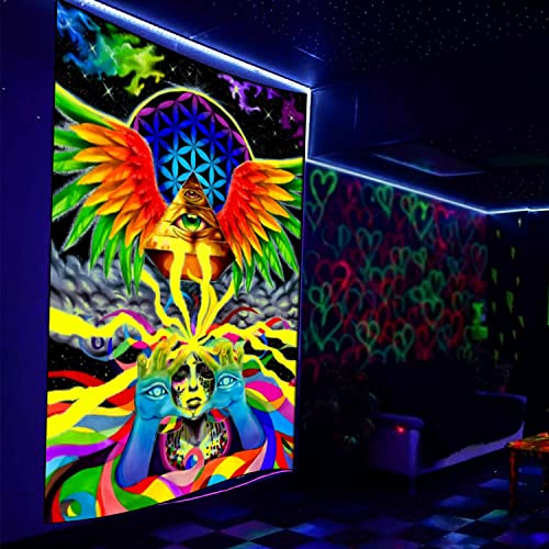 All-seeing eye fluorescent tapestry, omniscient eye, aurora color timberwolf blacklight tapestry,