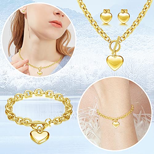 3Sets Heart Pendant Necklace Toggle Chain Heart Bracelet Heart Stud Earrings for Women