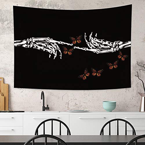 Skeleton Tapestry Butterfly Wall Hanging Black and White Finger Bones Sign Hand Trippy