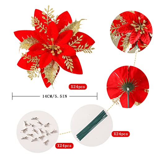 24pcs Poinsettia Artificial Christmas Flowers Decorations