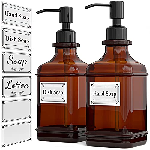 2 Pack Dispensers w/18 Oz Antique Design Thick Amber Glass Bottle,Rust Proof Stainless Pump w/ 6 Stickers