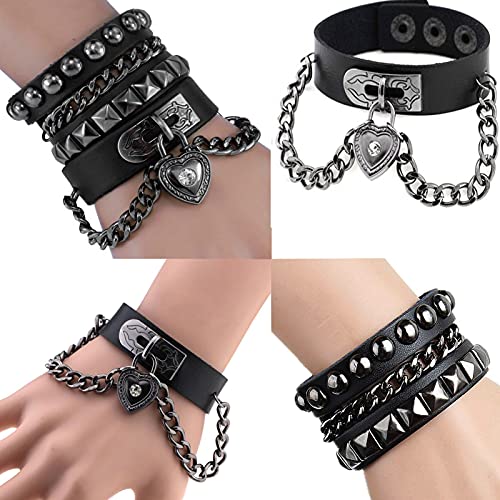 Multilayer Black Leather Cuff Heart Pendant Bracelet for Men/Women