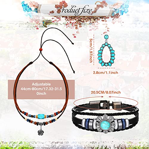 Women Bohemian Necklace, Braided Leather Wristbands Bracelets & Earring Set