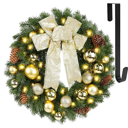 Christmas Wreath with Metal Hanger, Pre-lit Xmas Wreath with Large Golden Bow & Balls, 8 Modes & Timer,