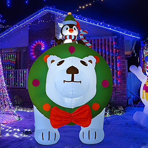 8FT Christmas Inflatable Polar Bear w/ Penguin & LEDs