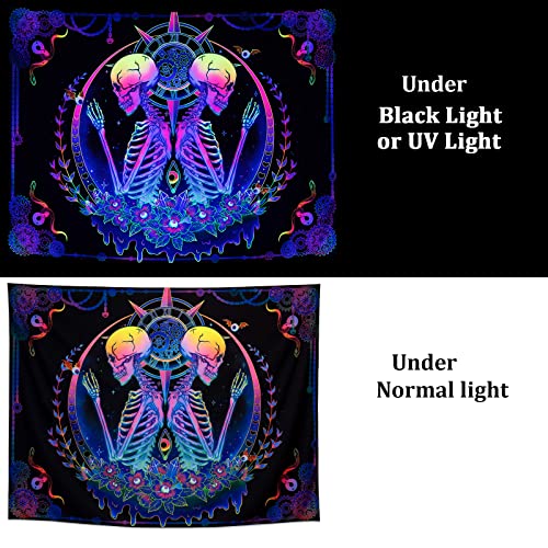 Blacklight Tapestry UV Reactive Skelton Wall Psychedelic Celestial Colorful Flower