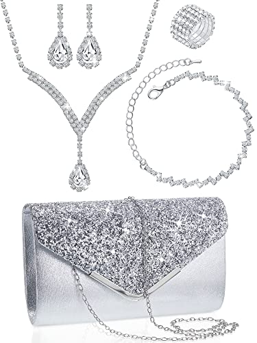 5 Pcs Purse Rhinestone Jewelry Set Rhinestone Clutch Purse Wedding Bride Prom Jewelry Necklace Earrings