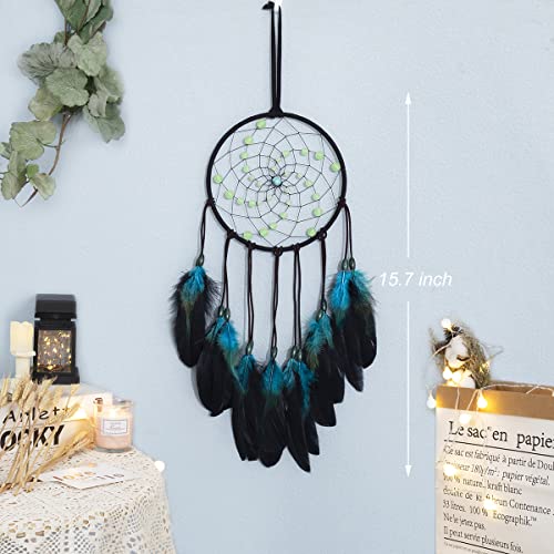 Blue Dream Catchers Handmade, Boho Traditional Circular Net for Wall Hanging Decor,