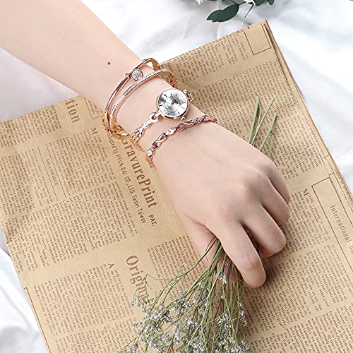 Elegant Rose Gold/Silver Watch & 3 Bracelets Set for Women